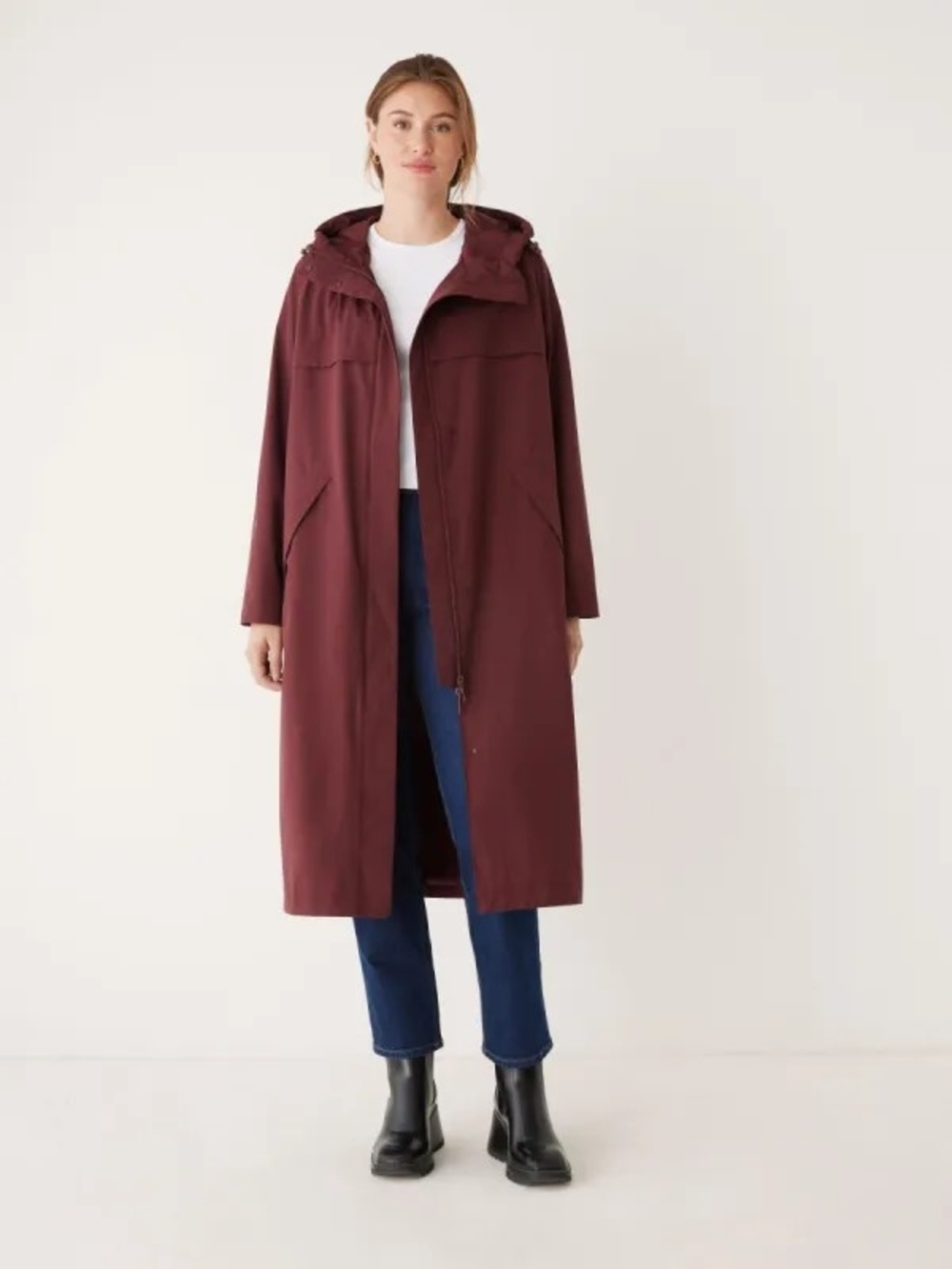 Long Hooded Women's Coat in Burgundy